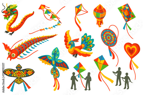 Vibrant Festival Kites. Isometric vector illustration set Festival Kites: giant dragon kite, centipede kite, train of kites,