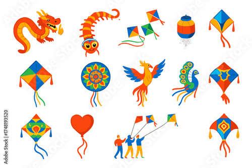 Vibrant Festival Kites. Isometric vector illustration set Festival Kites: giant dragon kite, centipede kite, train of kites,