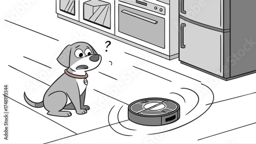 Cartoon Dogs Encounter with a Robotic Vacuum Cleaner.