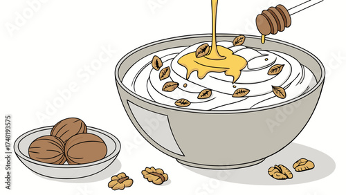 Cartoon illustration of a creamy dessert with nuts and honey food concept.