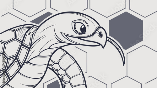 Cartoonish Turtle Illustration with Hexagonal Geometric Pattern.