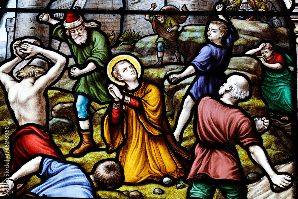 Fototapeta premium Saint Seine church. Stained glass. Life of Saint-Paul. Stoning of a Christian. Corbigny. France.