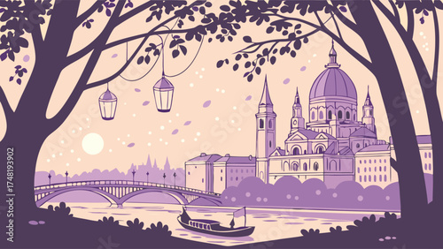 Cityscape Illustration with Trees Bridge and Boat.