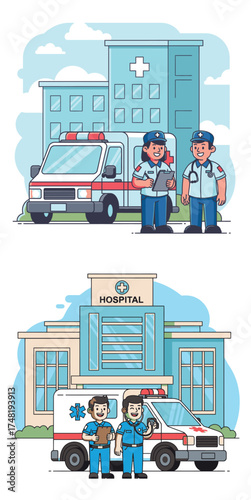 Two illustrations showing paramedics with ambulances in front of a hospital building.