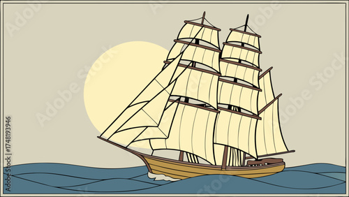 Classic Sailboat at Sea Illustration.