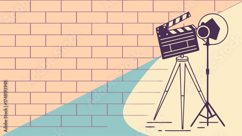 Clapperboard and spotlight illustration on a brick wall background.