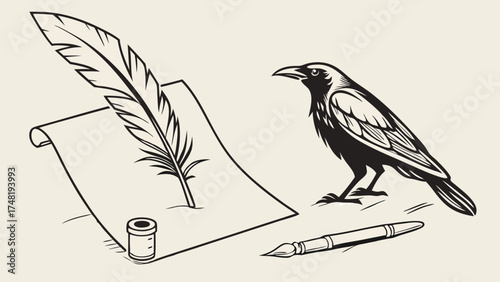 Classic Writing Tools and Raven Illustration.