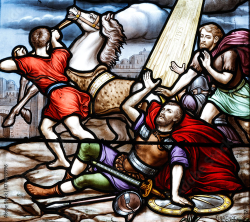 Saint Seine church.  Stained glass. The life of the apostle Saint Paul. On the road to Damascus, he saw a vision of Jesus. Corbigny. France.