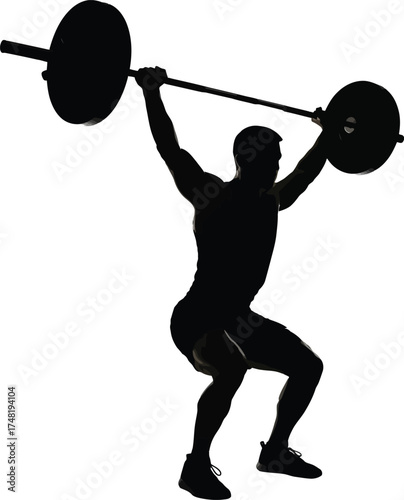 Silhouette of a man lifting a barbell overhead in a squat position isolated on white background, showcasing strength, fitness, and determination