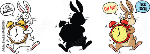 Frantic Cartoon Rabbit Running Late with Alarm Clock Vector Illustration Set