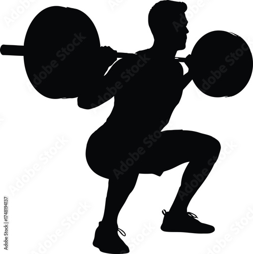 Silhouette of a man squatting with a barbell on his shoulders isolated on white background, demonstrating strength, power, and fitness