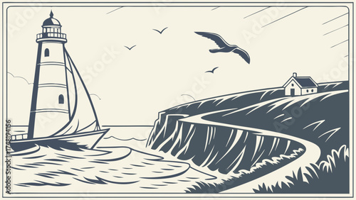 Coastal Scene Illustration with Lighthouse and Sailboat.