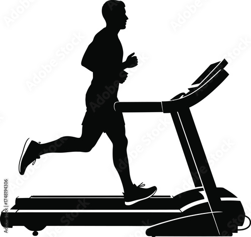 Silhouette of a man running on a treadmill isolated on white background, illustrating cardio exercise, fitness, and healthy lifestyle