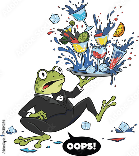 Funny Cartoon Frog Waiter Dropping Cocktail Drinks Tray Vector Illustration