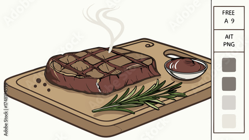 Delicious Grilled Steak on Wooden Board with Herbs Illustration.