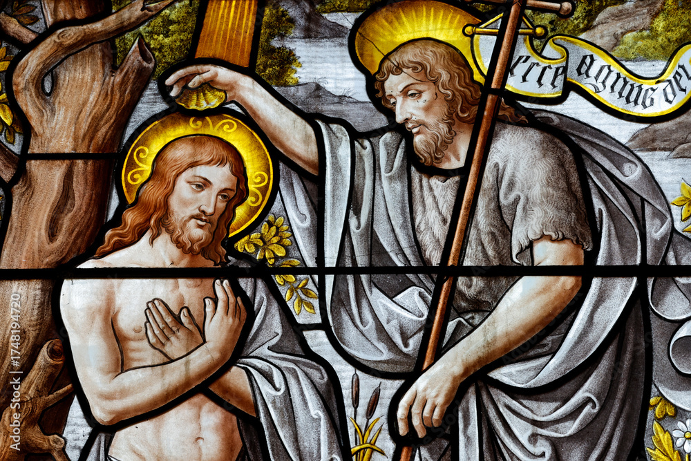 Fototapeta premium Notre-Dame de Beaune basilica. Stained glass. The baptism of Jesus by John the Baptist. Beaune. France.