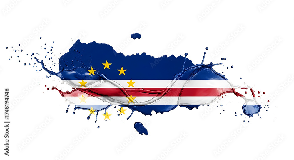 Obraz premium Vibrant splash art featuring the flag of cape verde, isolated on transparent background, showcasing a dynamic burst of color and national pride, perfect for representing culture, identity, and artisti