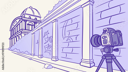 Digital Art of a Camera on a Tripod Capturing a Historical Architectural Perspective.