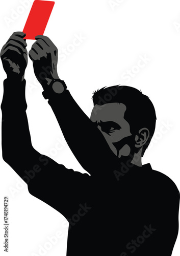 Silhouette of a soccer referee holding up a red card isolated on white background the referee is looking at the player with a stern expression