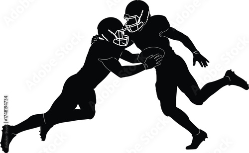 Silhouette of two american football players tackling each other isolated on white background one player is running with the ball, while the other is tackling him
