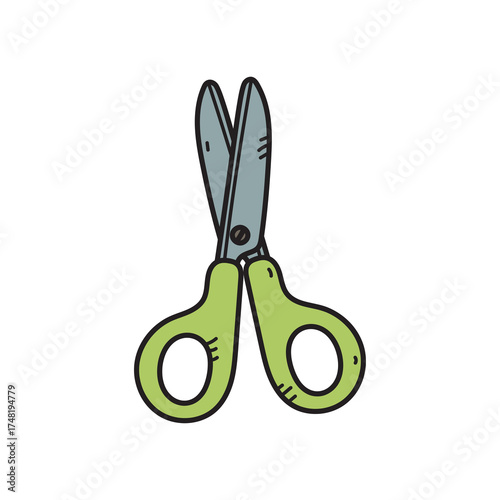 Tableau sur toile Hand Drawn Illustration of Light Green Scissors With Blue Gray Blades and Black