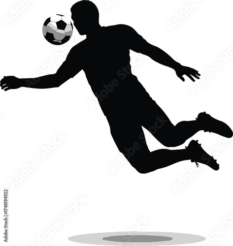 A soccer player is diving to head the ball, showcasing athleticism and skill in a dynamic silhouette, isolated on white background