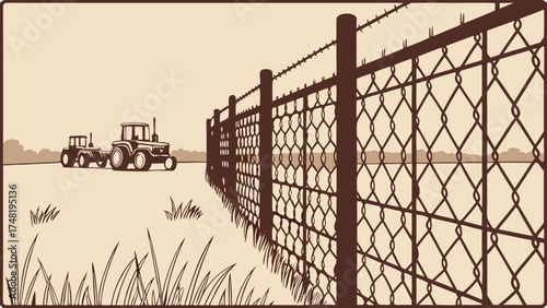 Farm Field with Tractor and Fence.