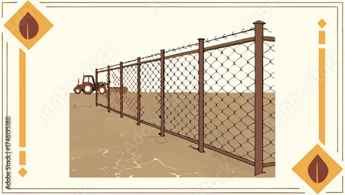 Fence with tractor illustration.