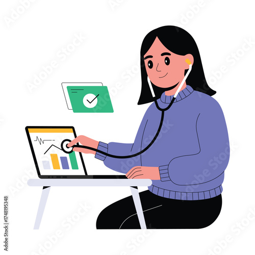 Technician checking and maintaining laptop performance and issues Illustration