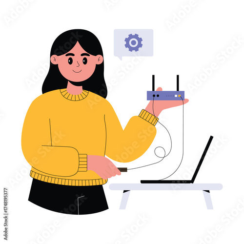 Technician organizing tangled cables and arranging connections neatly Illustration