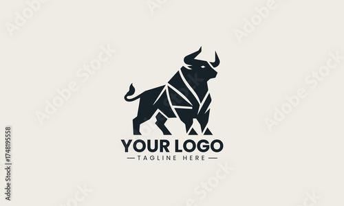Powerful black vector logo illustration of a geometric stylized bull creating a strong financial and business symbol