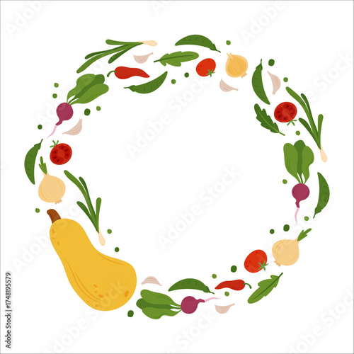 Oval frame of simple flat vegetables. Colorful autumn harvest of pumpkin zucchini eggplant cucumber pepper onion potato tomato cabbage corn carrot for healthy and vegetarian food design