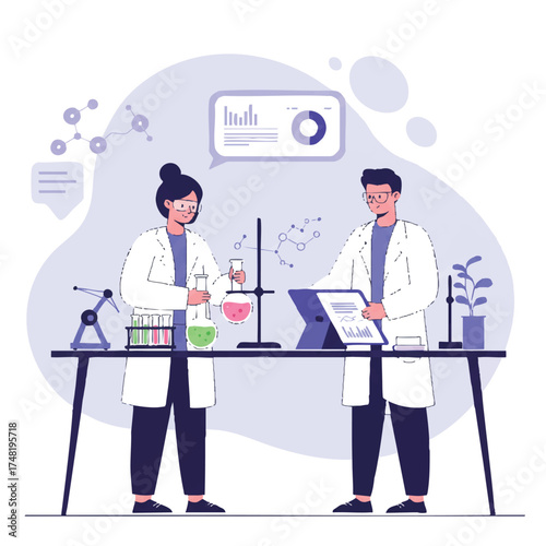 Two students conduct a science experiment in a lab, one mixing chemicals in a beaker and the other observing data on a tablet, depicted in a vibrant 2D flat vector illustration.