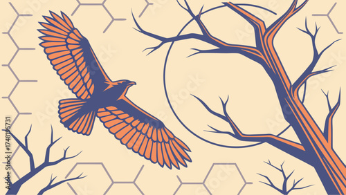 Flying Eagle Graphic with Tree and Geometric Shapes.