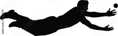 Silhouette of a cricket fielder diving to catch the ball isolated on white background the player is in midair, with his arms outstretched