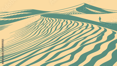 A lone figure walking on sand dunes.