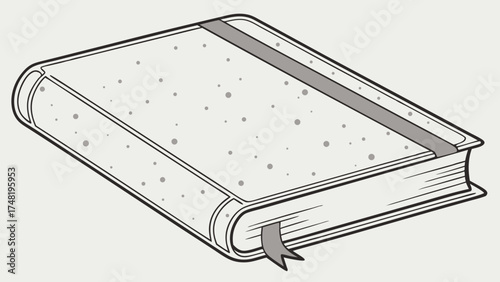 A monochrome illustration of a closed notebook with a ribbon.