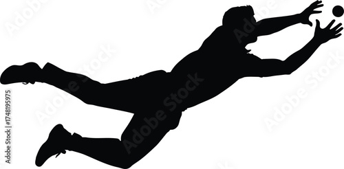 Silhouette of a cricket fielder diving to catch the ball isolated on white background, showcasing athleticism and skill in a dynamic action shot