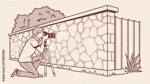 A Photographer at Work Illustrative Sketch of a Man with a Camera on a Tripod Taking a Photo of a Stone Wall and Fence.