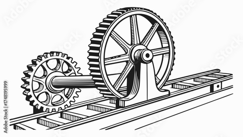 Gear Mechanism Illustration in Black and White.