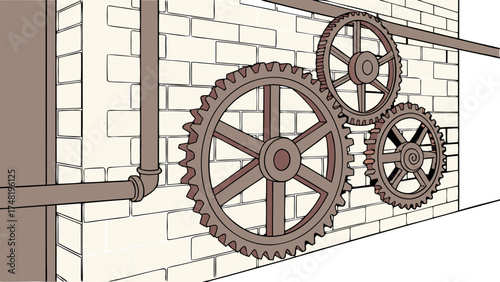 Gears and Mechanics Illustration on Brick Wall.