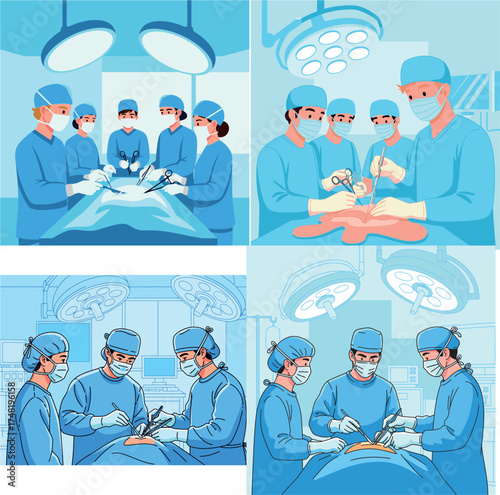 Four illustrations show medical teams performing surgery under bright operating room lights.