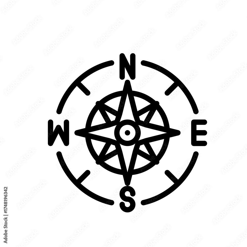 Obraz premium Black Line Art Compass Rose Nautical Directional Symbol With North East South West Cardinal Points On Transparent Background