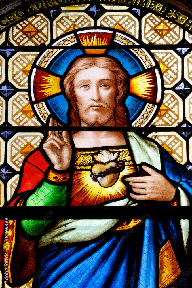Obraz premium Church of Perrecy les Forges. Stained glass. The Sacred Heart of Jesus. France.