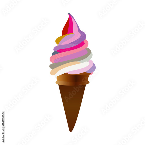 Colorful swirled ice cream cone with red, pink, purple, yellow, and white layers on a brown cone against a white background.