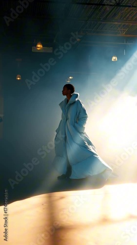 A model walks confidently in a long, light blue coat through rays of sunlight and mist, creating a dramatic atmosphere filled with elegance and mystery
