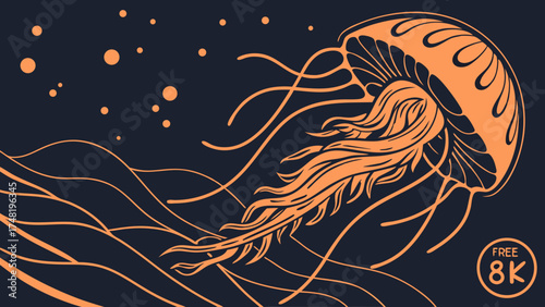 A Stylized Orange Jellyfish in a Dark Sea.