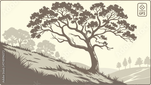 A Stylized Tree on a Hill Minimalist Nature Illustration.