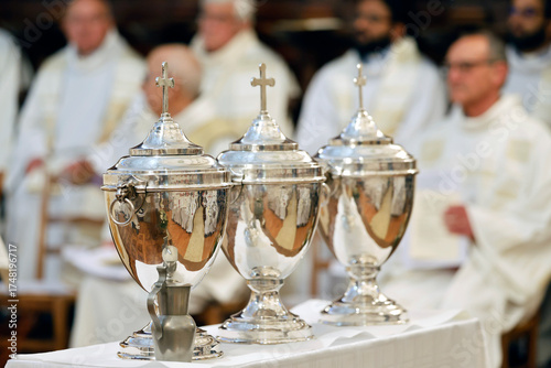 Saint Maurtice church. Holy Thursday. Chrism Mass. Holy oils used in the sacraments. Sacred Chrism, the Oil of the Sick and the Oil of Catechumens.  Boege. France.