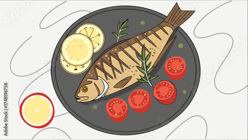 Grilled Fish with Tomatoes and Lemon on Plate.